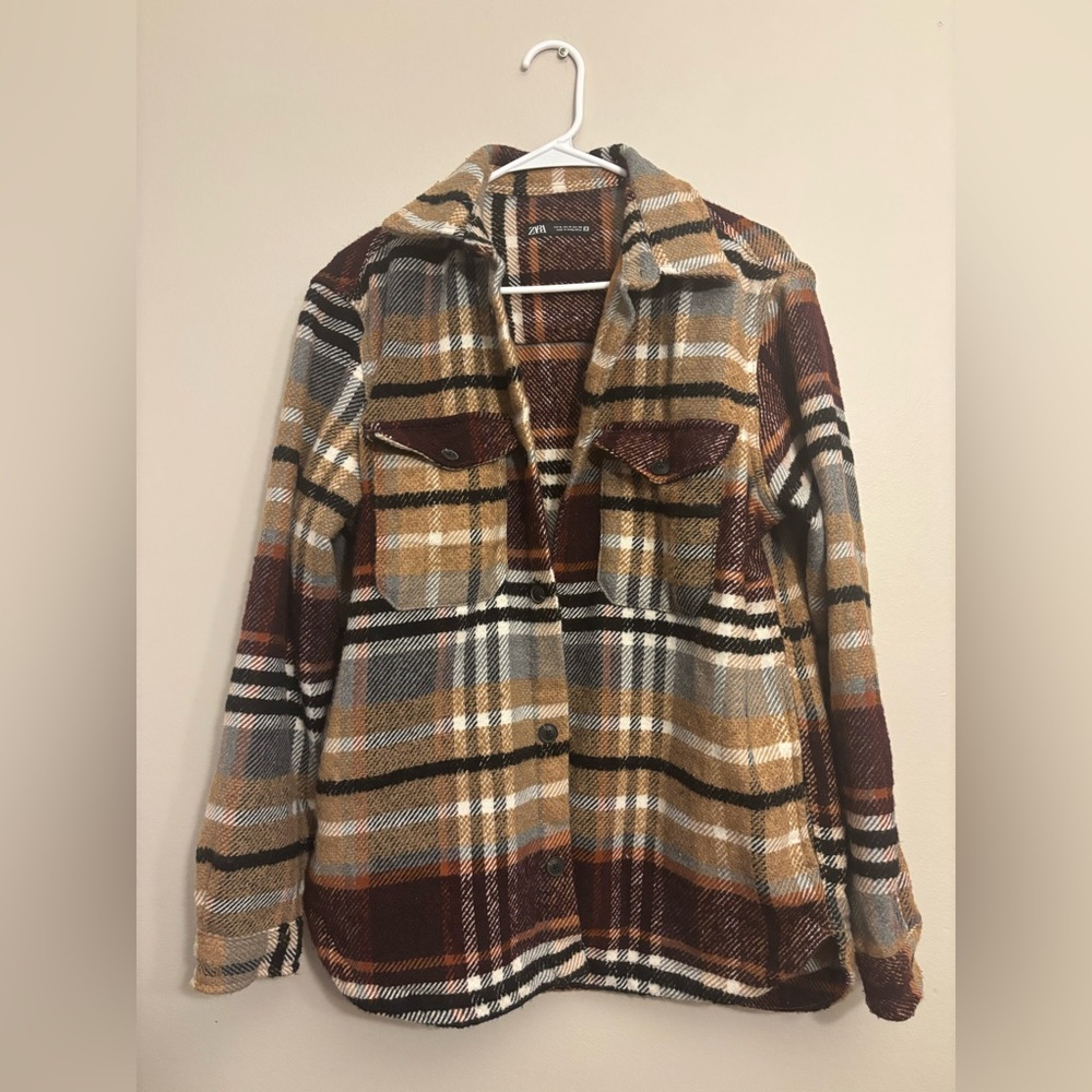 Zara Brown and Tan Plaid Shirt Jacket - Picture 1 of 4